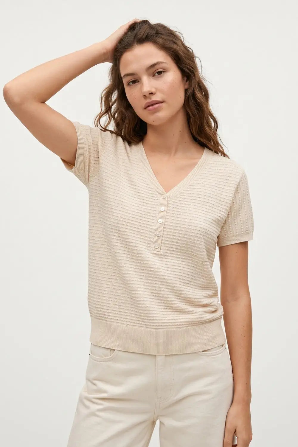 Q2 Textured Fine Knit Button Detail Short Sleeve sweater in beige