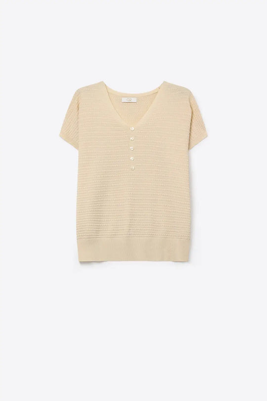 Textured Fine Knit Button Detail Short Sleeve sweater in beige - One Size / Beige - Sweaters