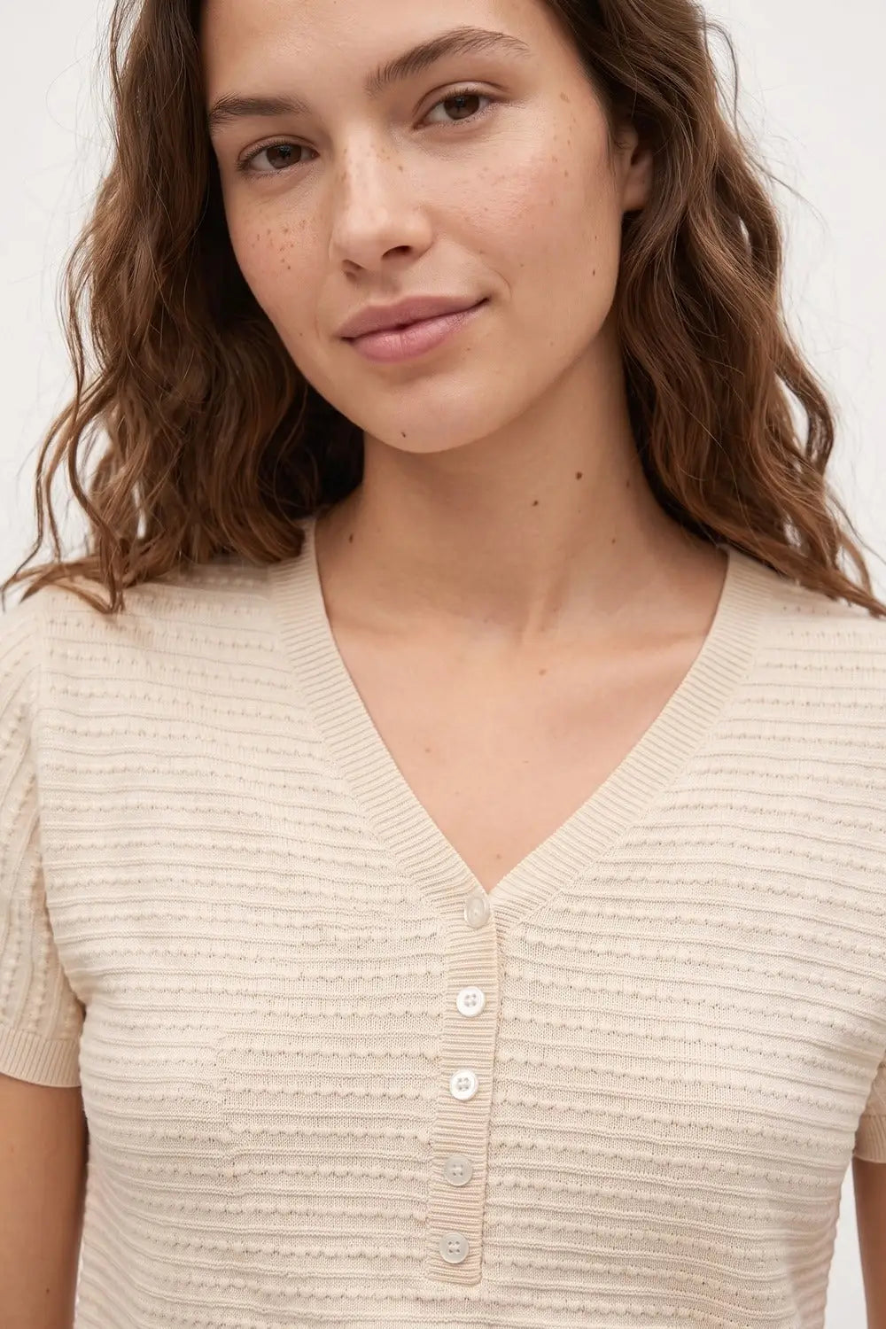 Textured Fine Knit Button Detail Short Sleeve sweater in beige - One Size / Beige - Sweaters