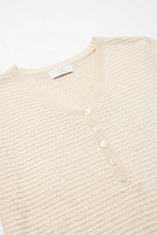 Textured Fine Knit Button Detail Short Sleeve sweater in beige - One Size / Beige - Sweaters