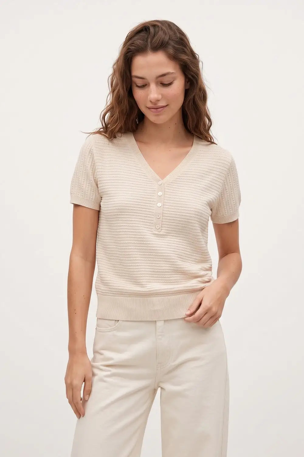 Textured Fine Knit Button Detail Short Sleeve sweater in beige - One Size / Beige - Sweaters