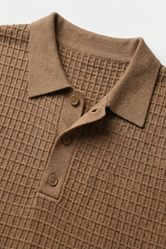 Textured Knit Polo Sweater with Short Sleeves in Camel - Sweaters