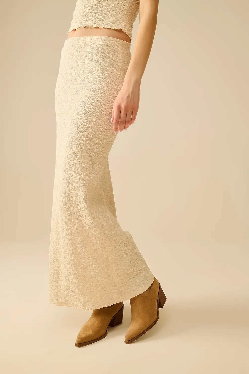 Textured Knitted Maxi Skirt in Beige - Skirts