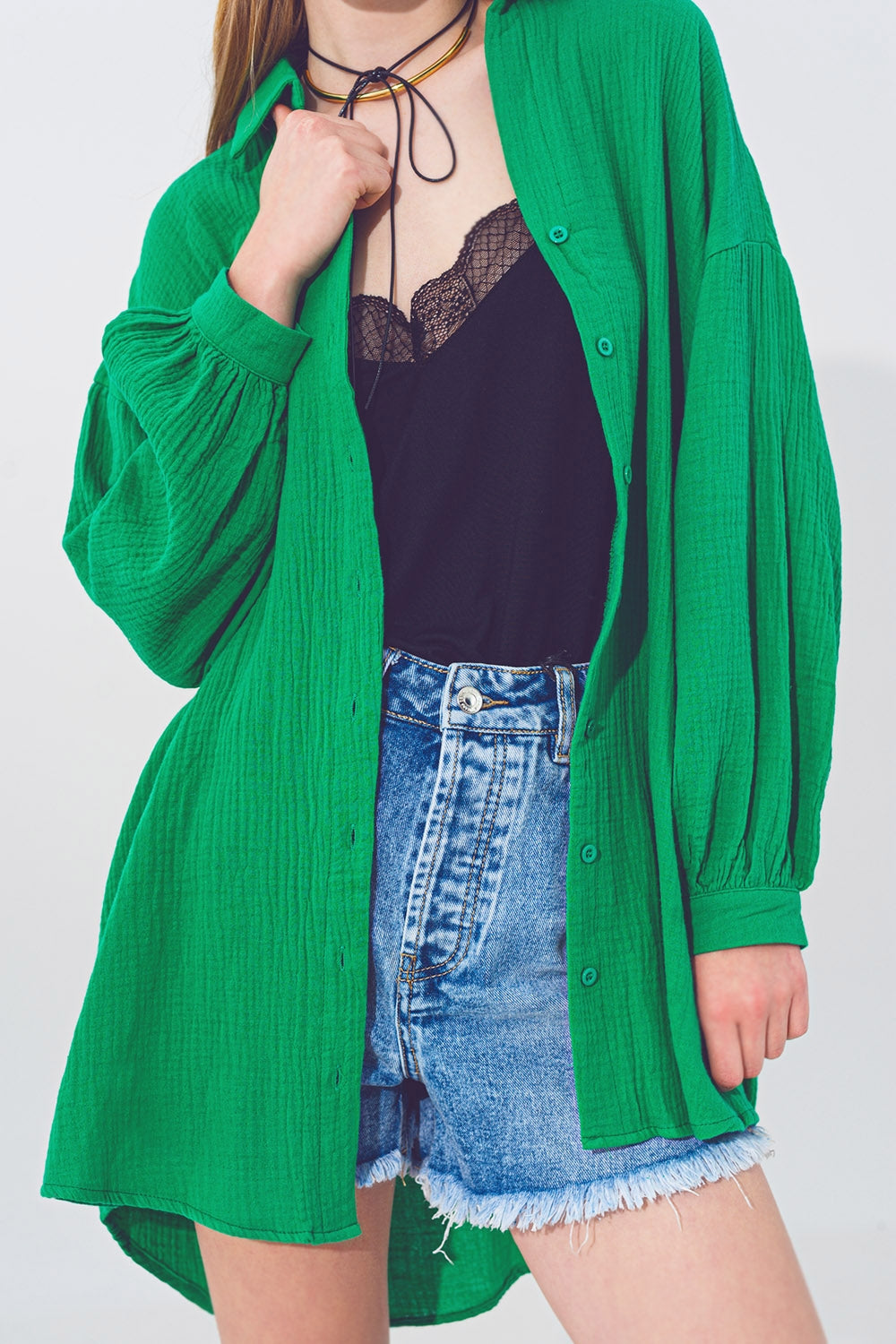 Oversized Textured Loose Fit Shirt in Green