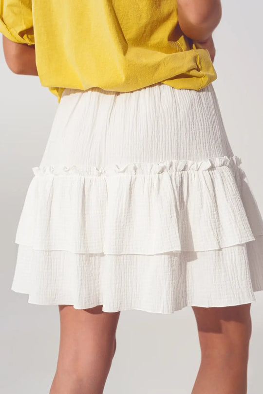 Textured Ruffle Mini Skirt in White - Skirts