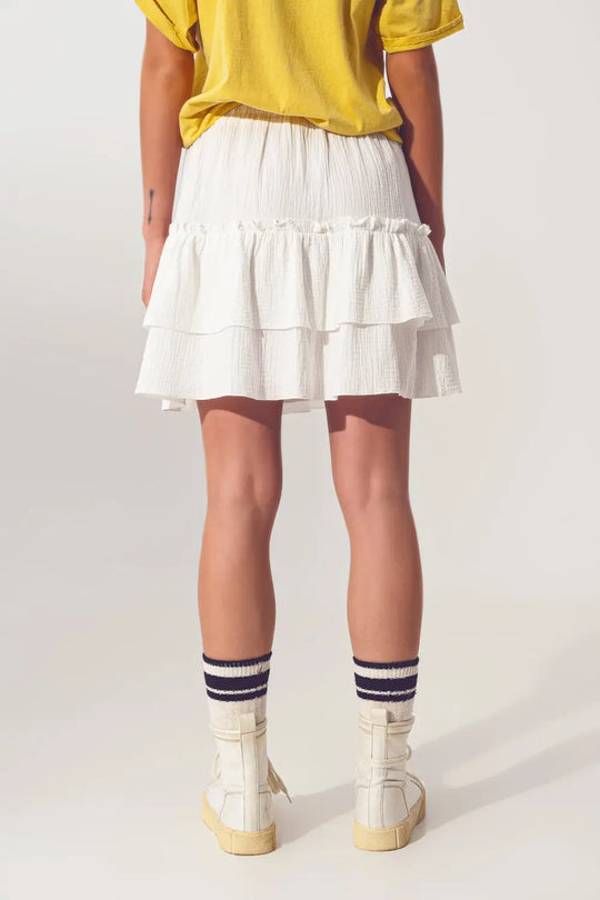 Textured Ruffle Mini Skirt in White - Skirts