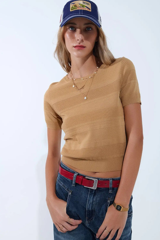 Textured Stripe Knit Sweater in Camel - One Size / Brown - Sweaters