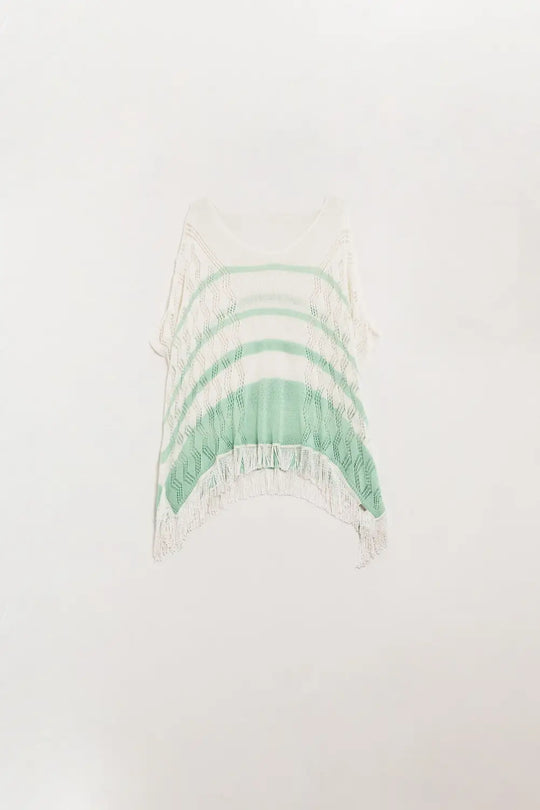 Q2 Thin White Striped Sweater With Fringe Edge