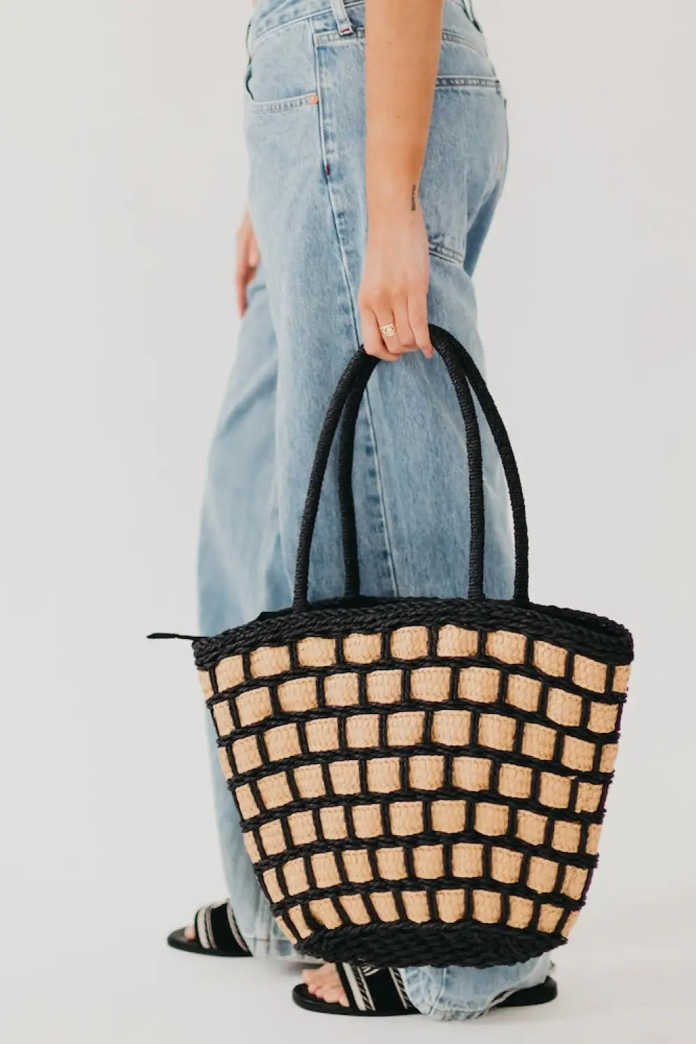 Tiana Two Tone Color Block Straw Bag - Tote Bag