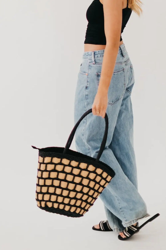 Tiana Two Tone Color Block Straw Bag - Tote Bag