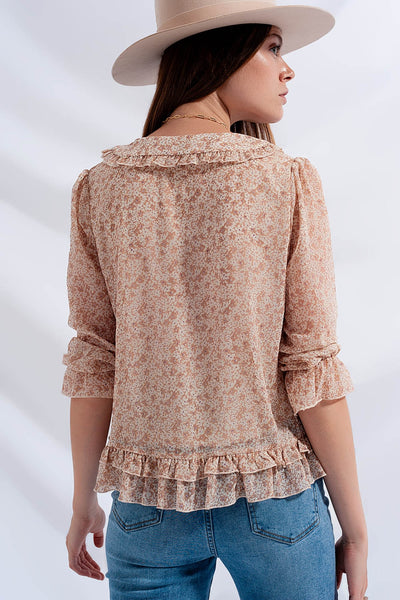 Tie front chiffon blouse in beige floral print