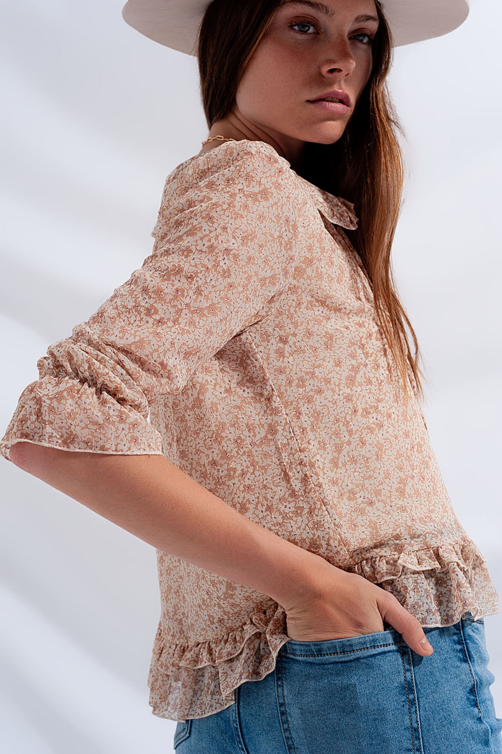 Tie front chiffon blouse in beige floral print