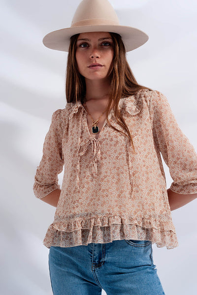 Tie front chiffon blouse in beige floral print