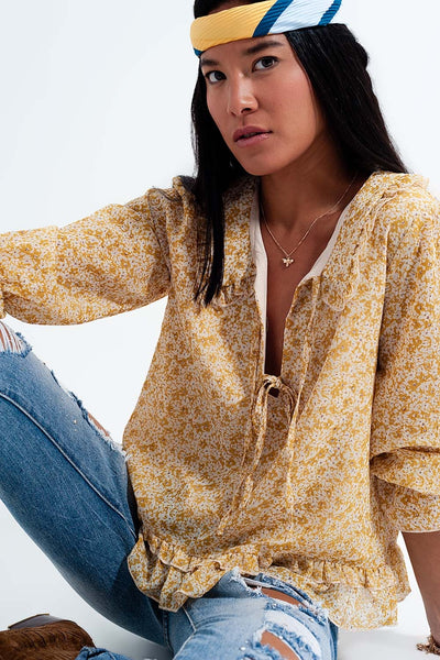 Tie front chiffon blouse in yellow floral print