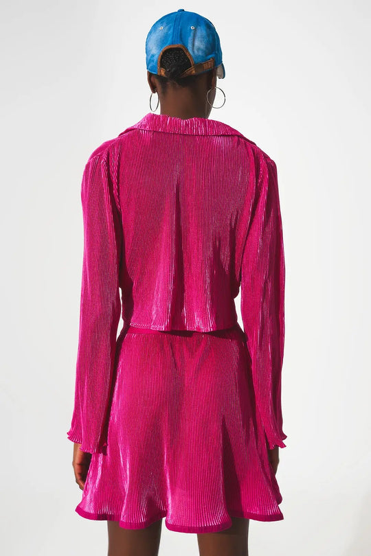 Tie front pleated crop top in fuchsia - Shirts