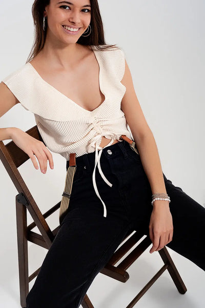 Tie front shirred detail volume sleeve crop top in cream - Shirts