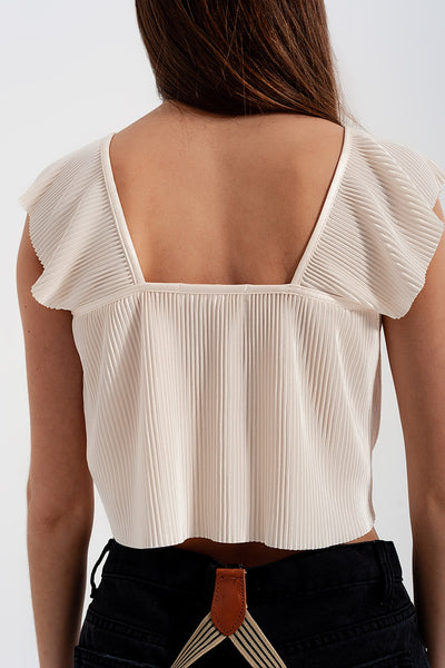 Tie front shirred detail volume sleeve crop top in cream