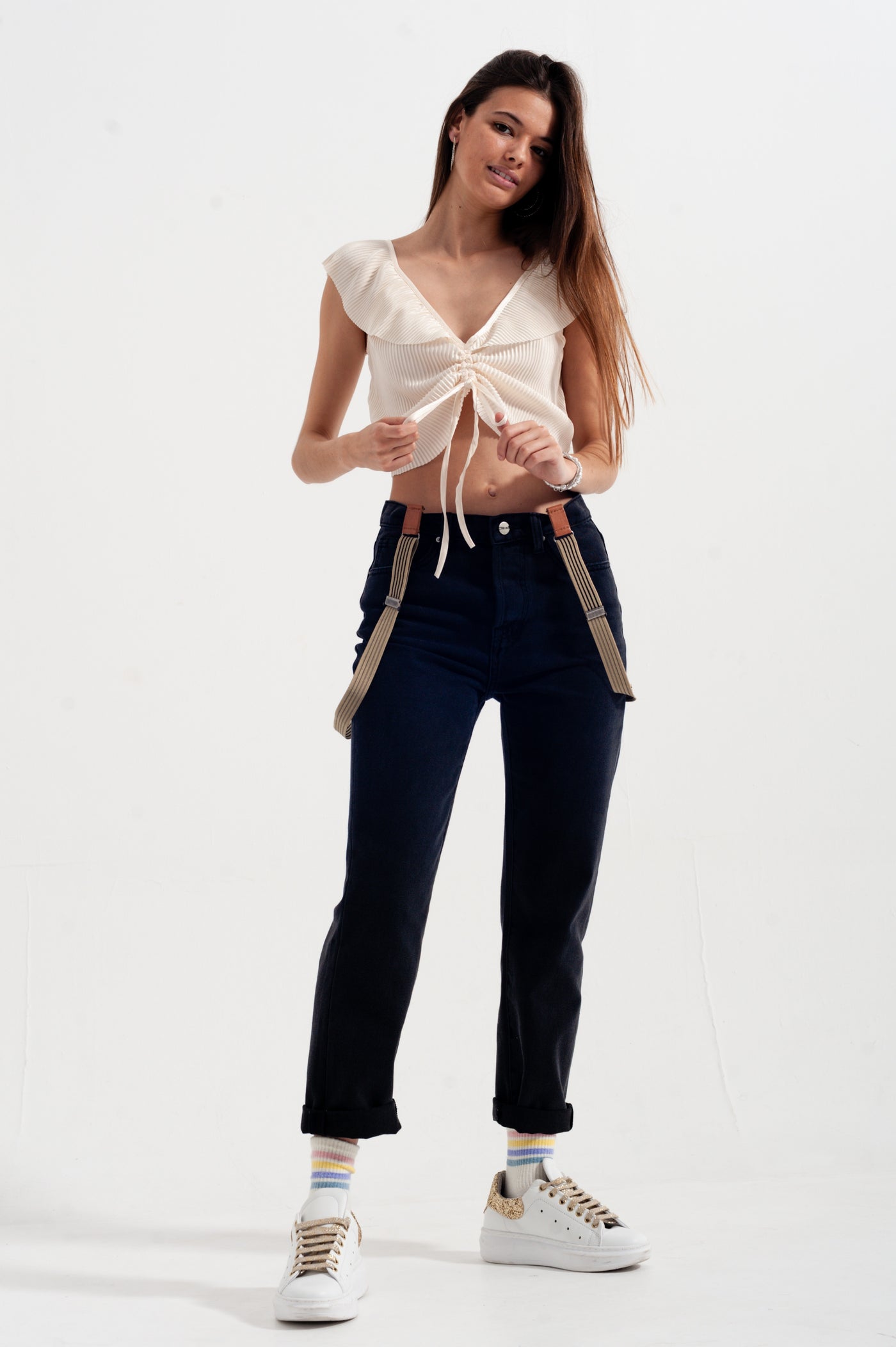 Tie front shirred detail volume sleeve crop top in cream