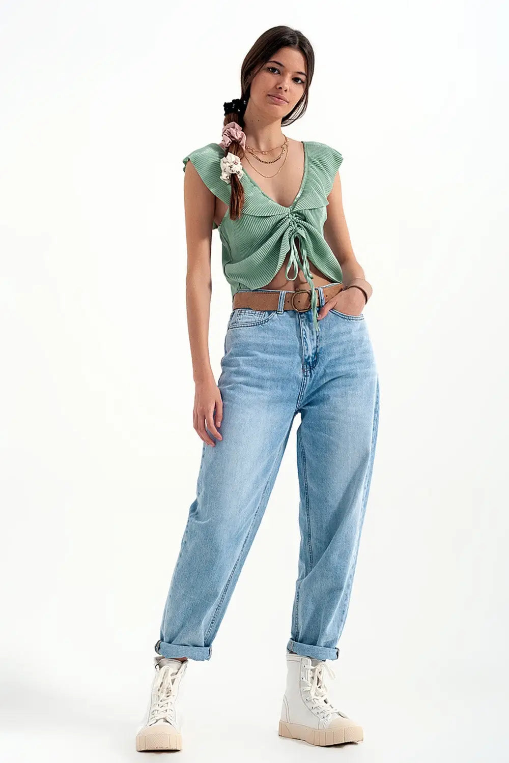 Tie front shirred detail volume sleeve crop top in green - Tops