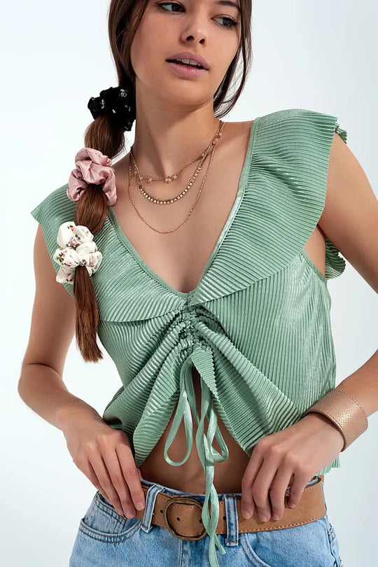 Tie front shirred detail volume sleeve crop top in green - Tops