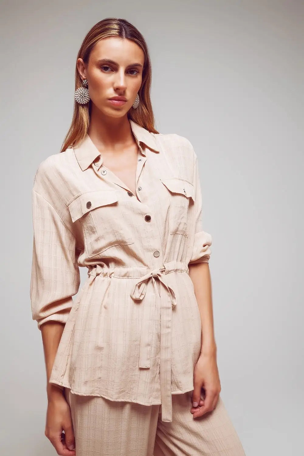 Tie waist long sleeve shirt in beige - Shirts