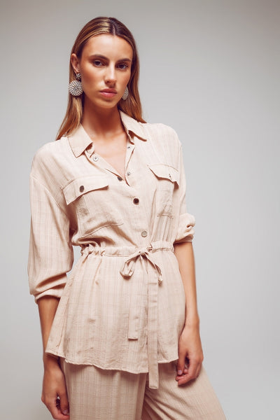 Tie waist long sleeve shirt in beige