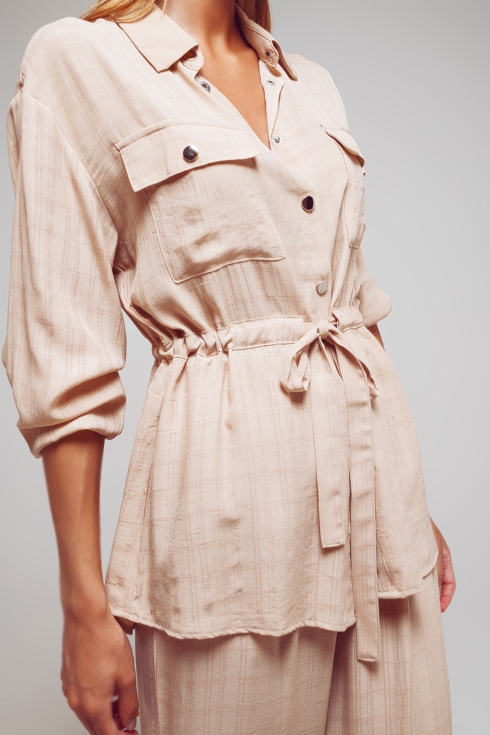 Tie waist long sleeve shirt in beige