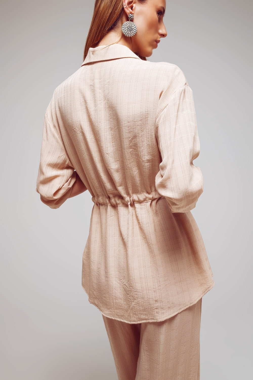 Tie waist long sleeve shirt in beige