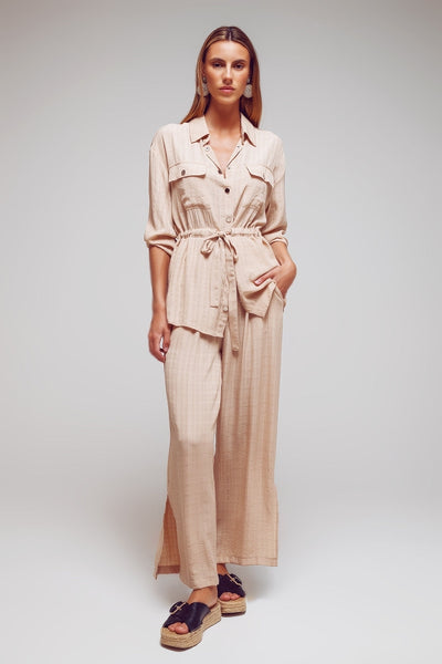 Tie waist long sleeve shirt in beige