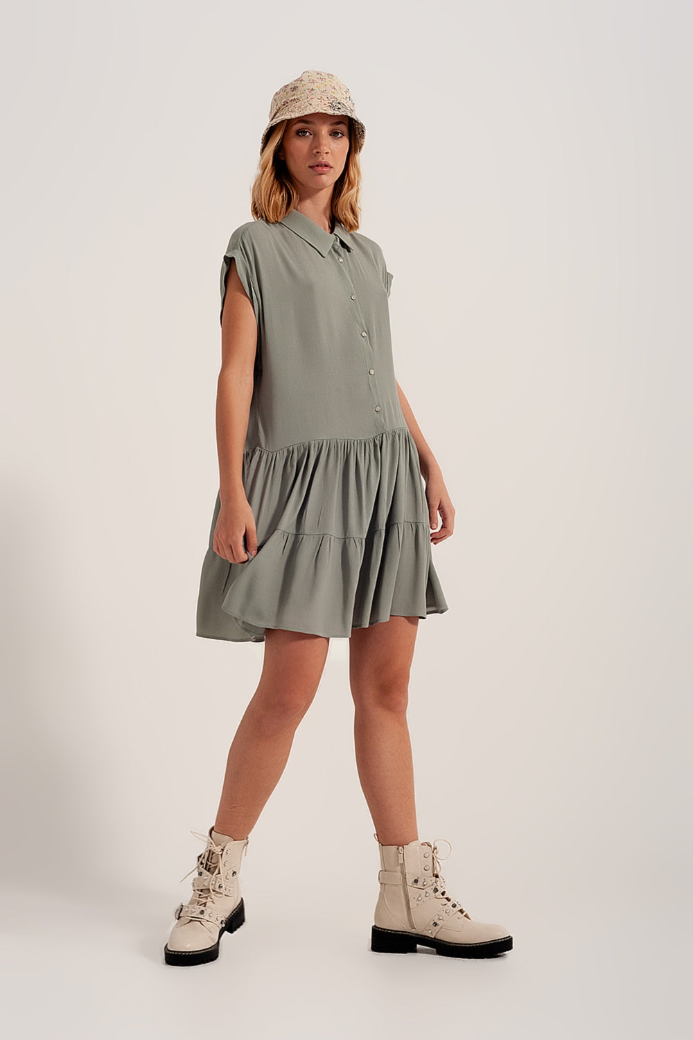 Tiered hem shirt dress in green