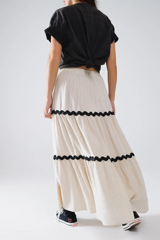 Tiered Linen maxi Skirt With Contrast Scallop Trim in Beige - Skirts