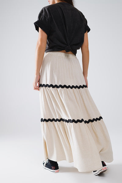 Tiered Linen maxi Skirt With Contrast Scallop Trim in Beige