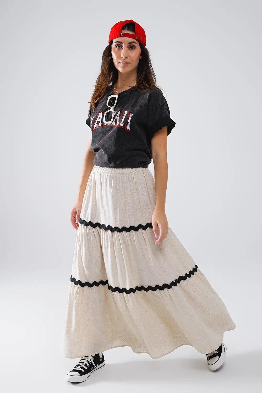 Tiered Linen maxi Skirt With Contrast Scallop Trim in Beige - Skirts