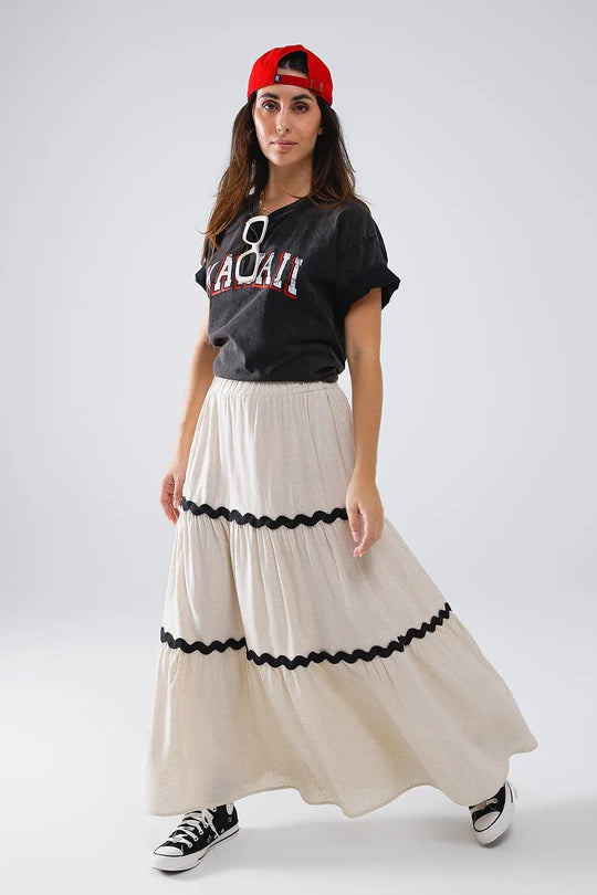 Tiered Linen maxi Skirt With Contrast Scallop Trim in Beige - Skirts