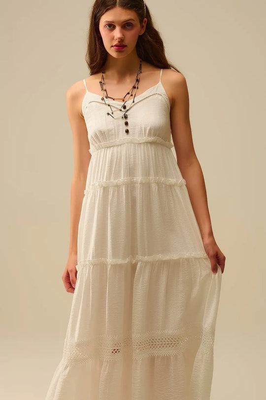 Tiered Maxi Dress with Lace Inserts in White - Dresses