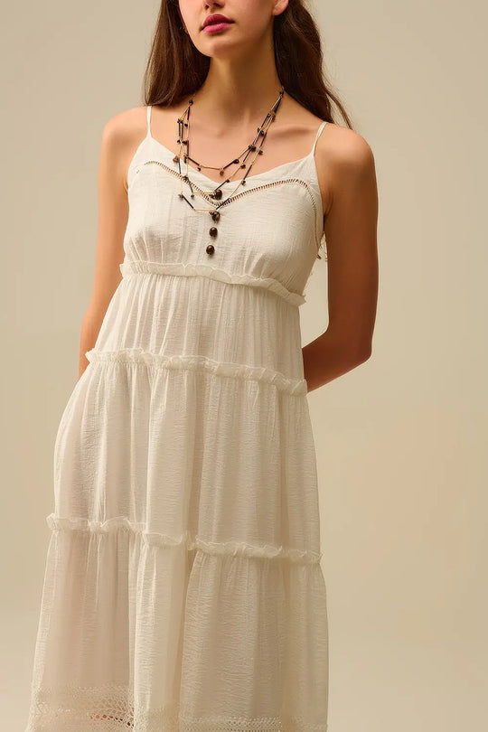 Tiered Maxi Dress with Lace Inserts in White - Dresses