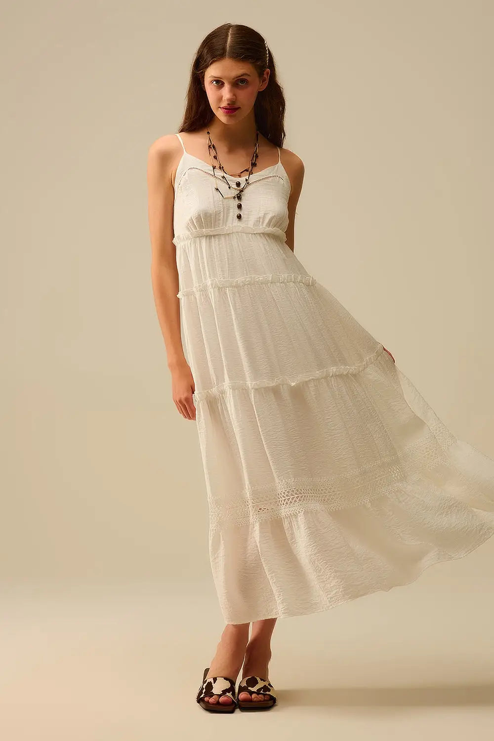 Tiered Maxi Dress with Lace Inserts in White - Dresses