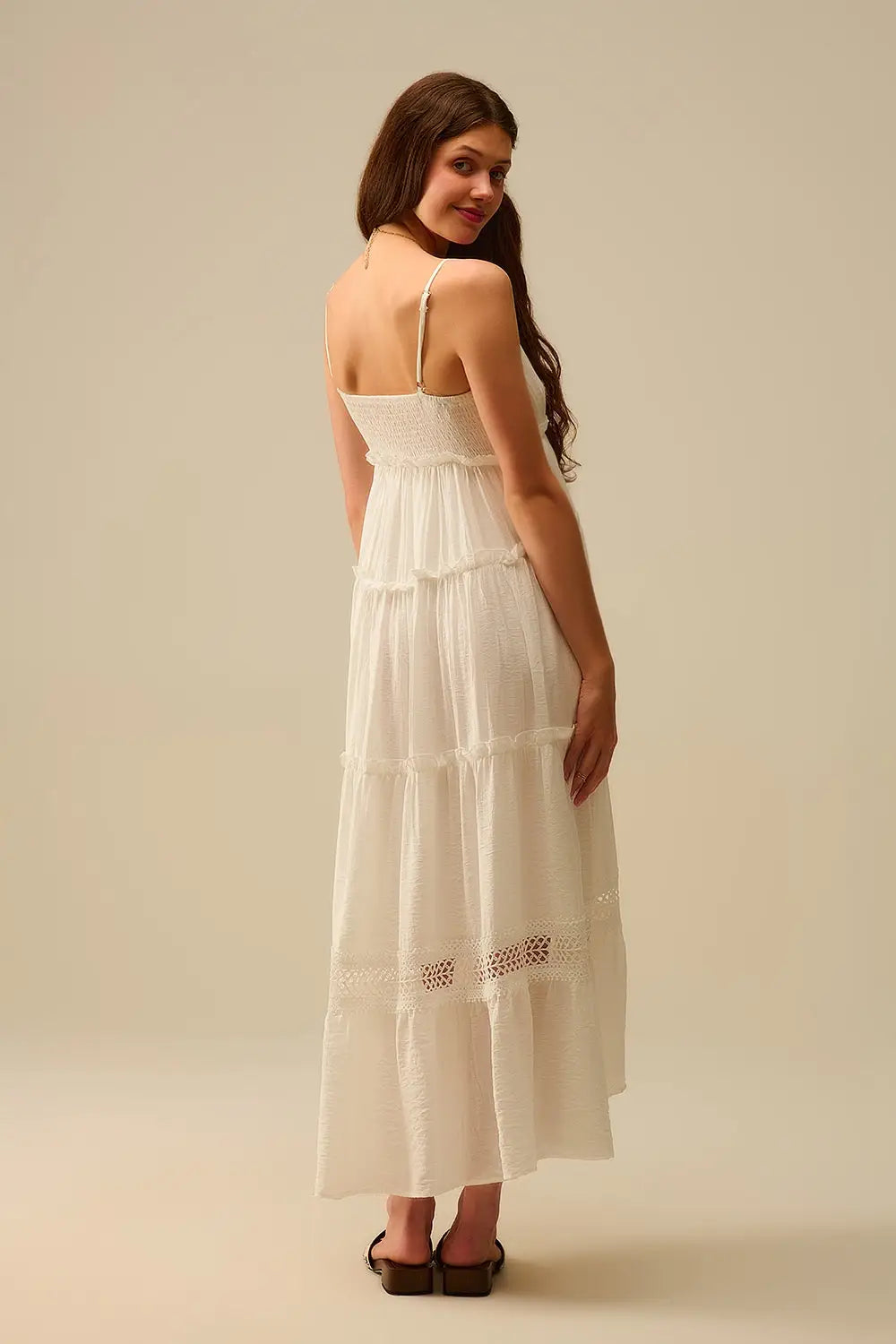 Tiered Maxi Dress with Lace Inserts in White - Dresses