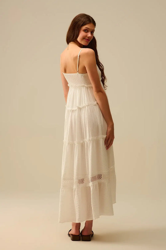 Tiered Maxi Dress with Lace Inserts in White - Dresses