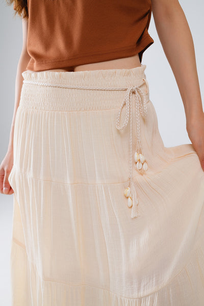 Tiered Maxi Skirt In Beige With Elastic Waist And Shell Details