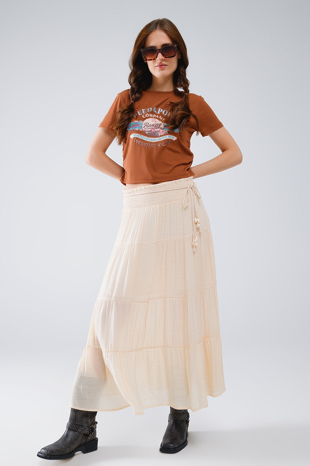 Tiered Maxi Skirt In Beige With Elastic Waist And Shell Details