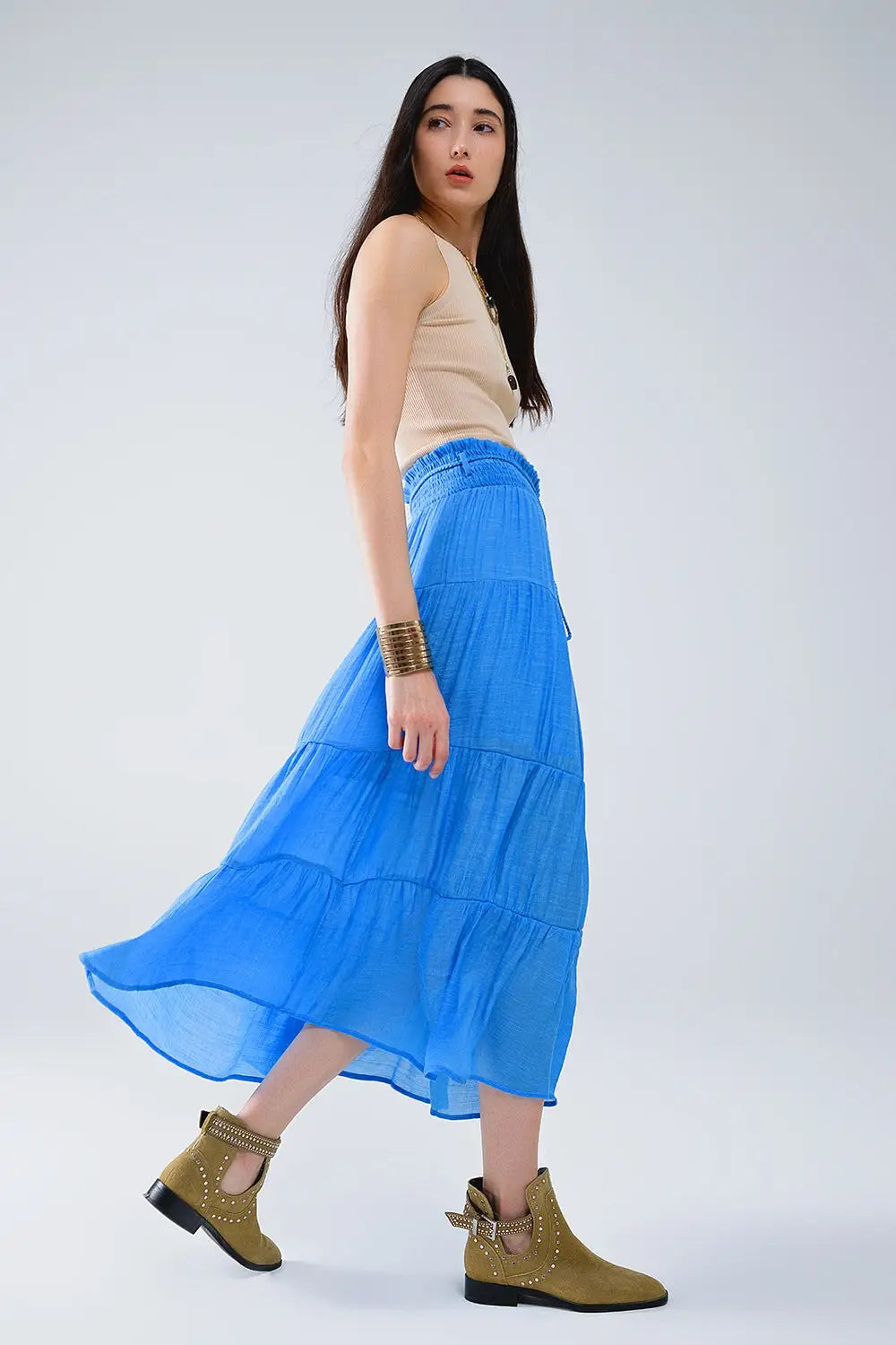 Tiered Maxi Skirt In Blue With Elastic Waist And Shell Details - Skirts