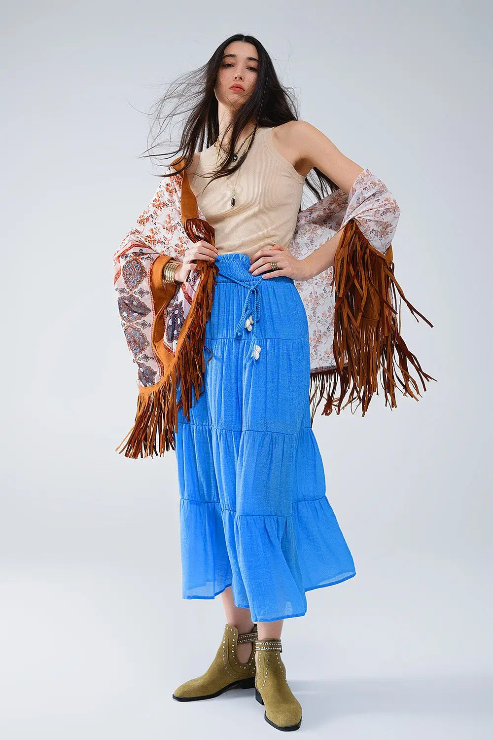 Tiered Maxi Skirt In Blue With Elastic Waist And Shell Details - Skirts