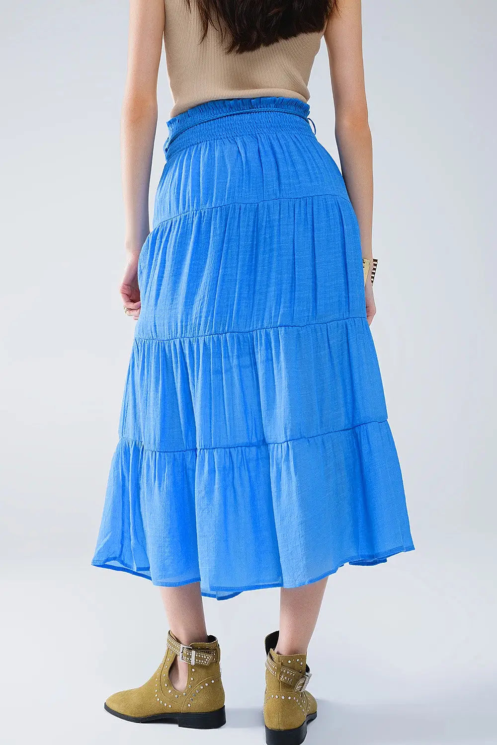 Tiered Maxi Skirt In Blue With Elastic Waist And Shell Details - Skirts