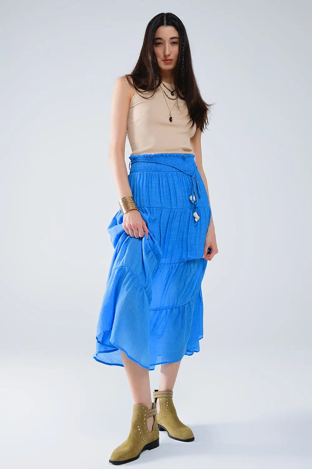 Tiered Maxi Skirt In Blue With Elastic Waist And Shell Details - Skirts