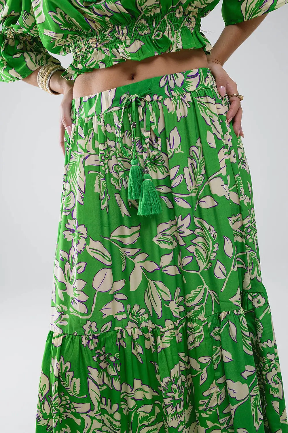 Tiered Maxi Skirt In Green Floral Print - Skirts