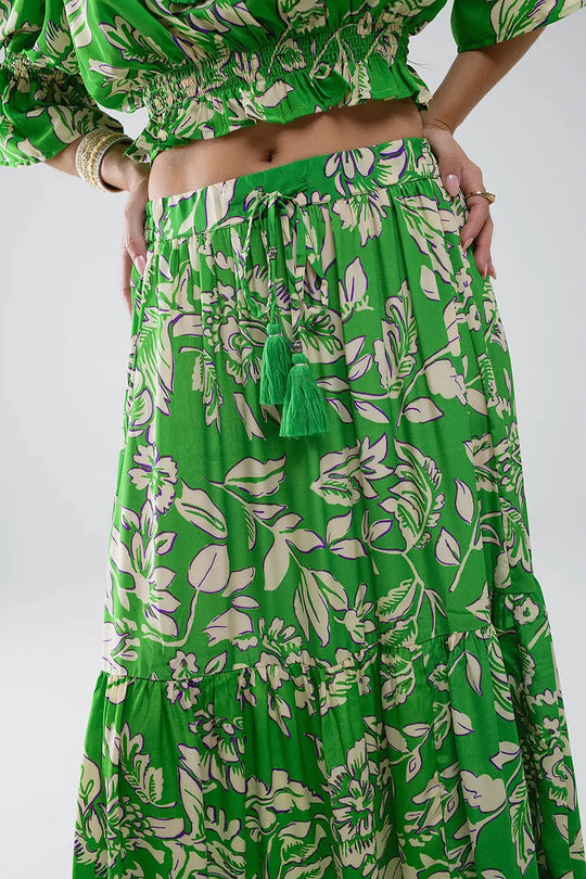 Tiered Maxi Skirt In Green Floral Print - Skirts