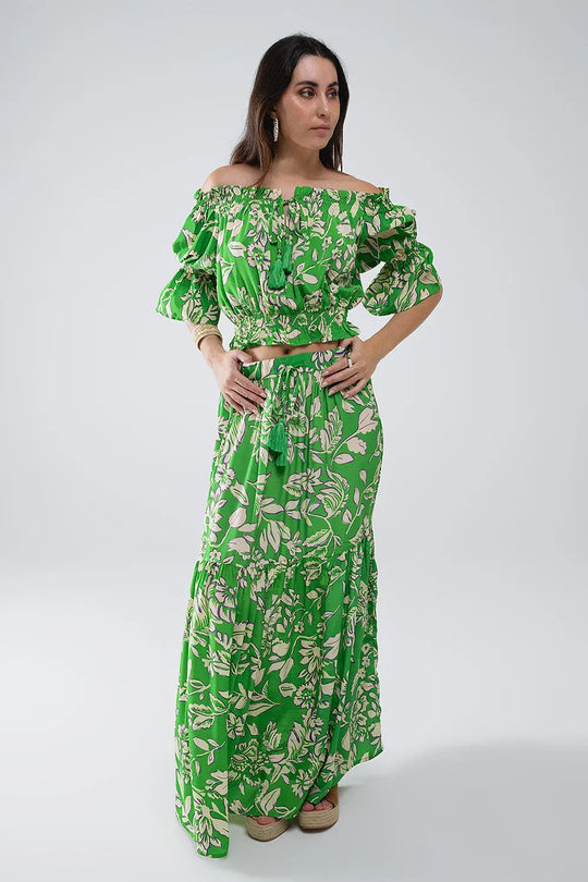 Tiered Maxi Skirt In Green Floral Print - Skirts