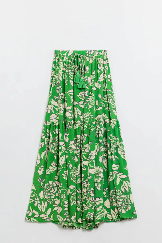 Tiered Maxi Skirt In Green Floral Print - Skirts