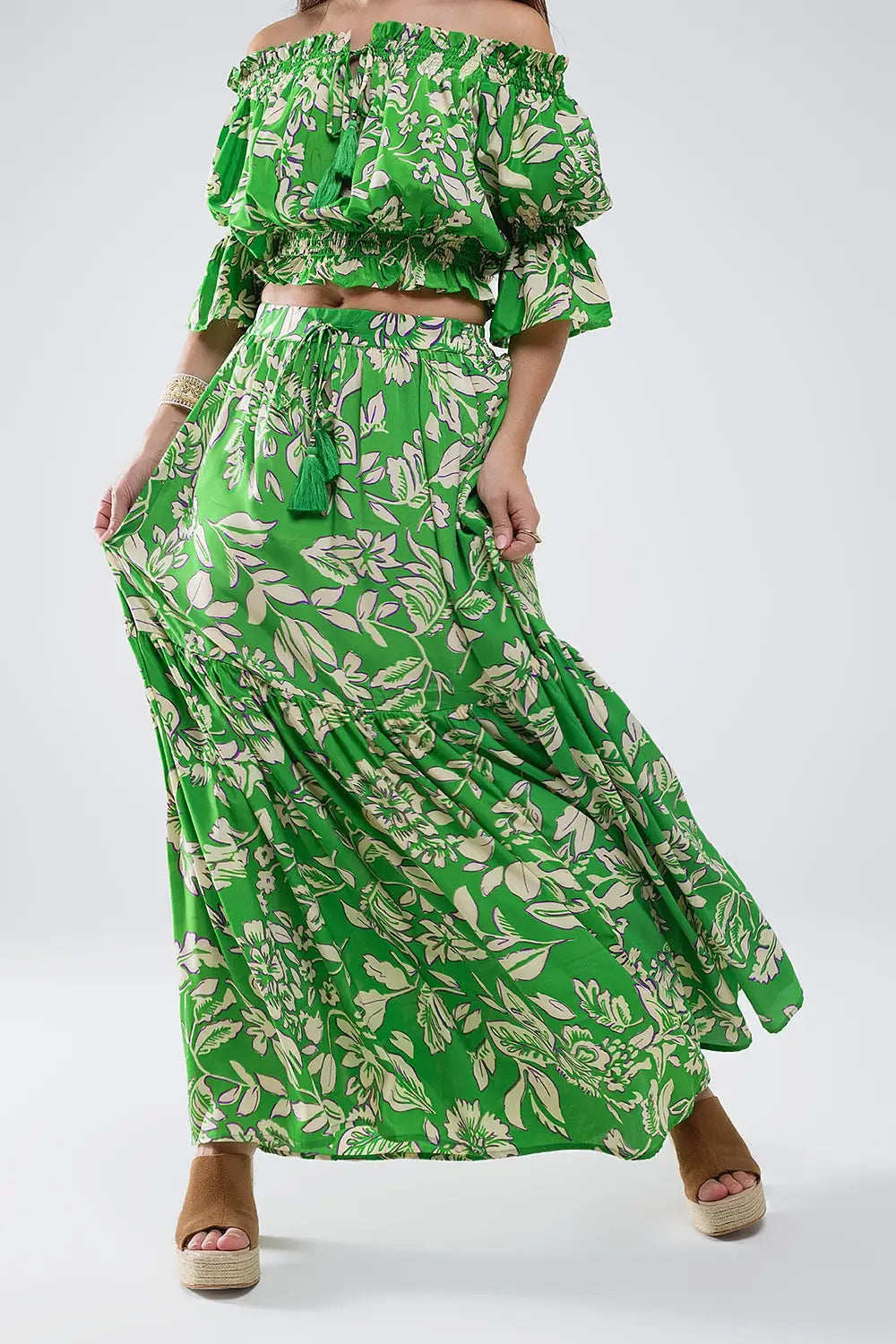 Tiered Maxi Skirt In Green Floral Print - Skirts